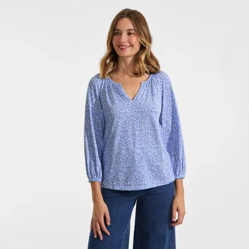 Women's Lightweight Jersey 3/4 Sleeve Notch Neck Gather Blouse
