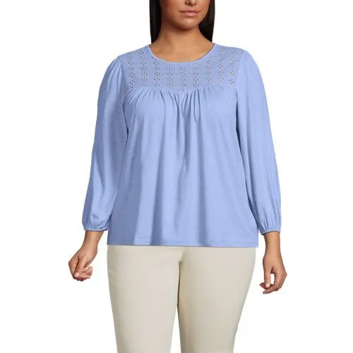 Women's 3/4 Sleeve Eyelet Mix Flowy Top