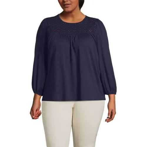 Women's 3/4 Sleeve Eyelet Mix Flowy Top