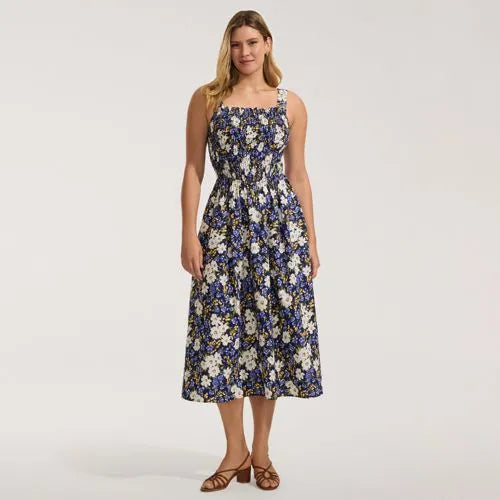 Women's Poplin Smocked Bodice Midi Dress