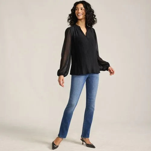 Women's Ruffle Neck Pintuck Sleeve Top