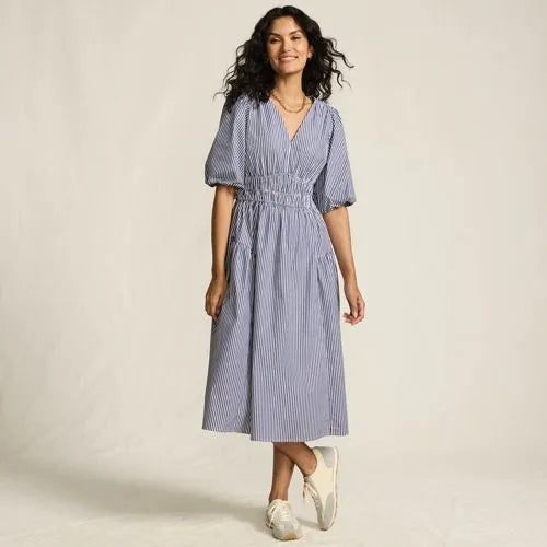 Women's Puff Sleeve Smocked Waist V-neck Dress