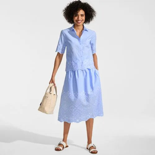 Women's Poplin Drop Waist Embroidered Eyelet Midi Skirt