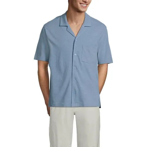 Men's Short Sleeve Cotton Linen Button Through Camp Collar Shirt