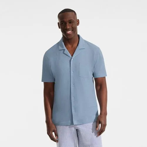 Men's Short Sleeve Cotton Linen Button Through Camp Collar Shirt
