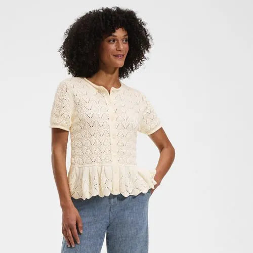 Women's Drifter Pointelle Ruffle Hem Cardigan Sweater