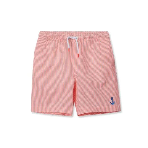 Boys Chlorine Resistant Seersucker Swim Trunks with Mesh Liner