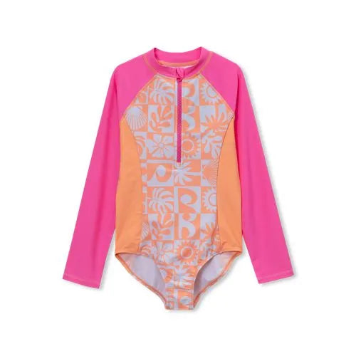 Girls Chlorine Resistant Long Sleeve One Piece Half Zip Swimsuit