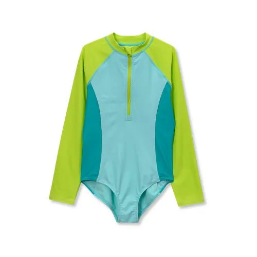 Girls Chlorine Resistant Long Sleeve One Piece Half Zip Swimsuit