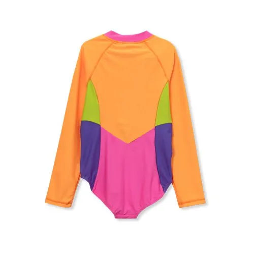 Girls Chlorine Resistant Long Sleeve One Piece Half Zip Swimsuit