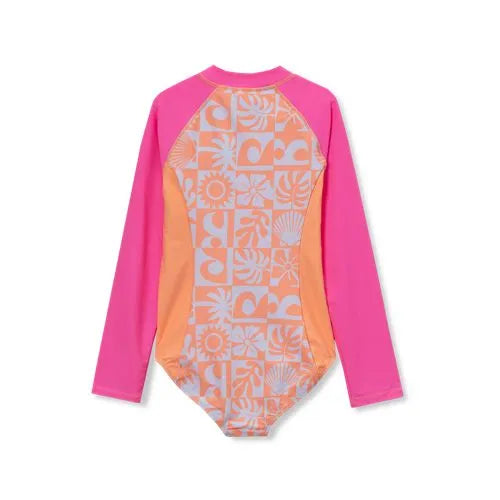 Girls Chlorine Resistant Long Sleeve One Piece Half Zip Swimsuit