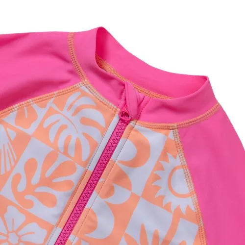 Girls Chlorine Resistant Long Sleeve One Piece Half Zip Swimsuit