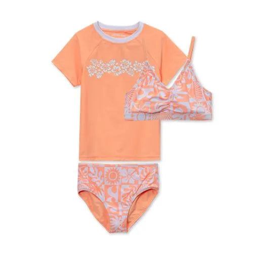 Girls Chlorine Resistant Short Sleeve Rash Guard 3 Piece Swimsuit Set