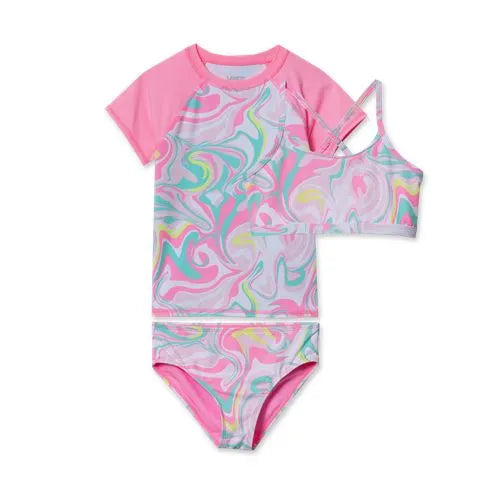 Girls Chlorine Resistant Short Sleeve Rash Guard 3 Piece Swimsuit Set
