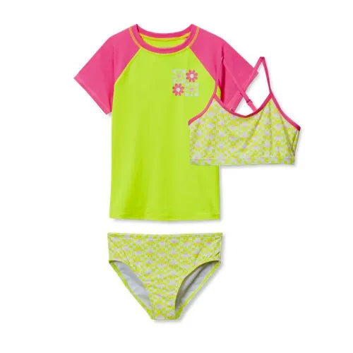 Girls Chlorine Resistant Short Sleeve Rash Guard 3 Piece Swimsuit Set