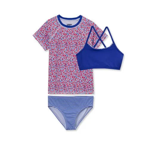 Girls Chlorine Resistant Short Sleeve Rash Guard 3 Piece Swimsuit Set
