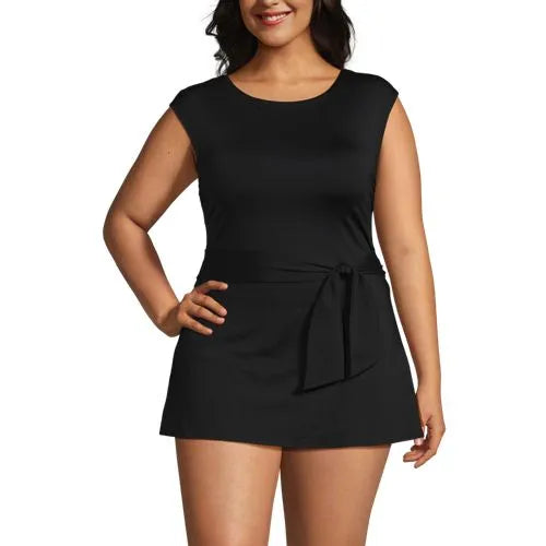 Women's Cap Sleeve Tie Belt Mini Swim Dress