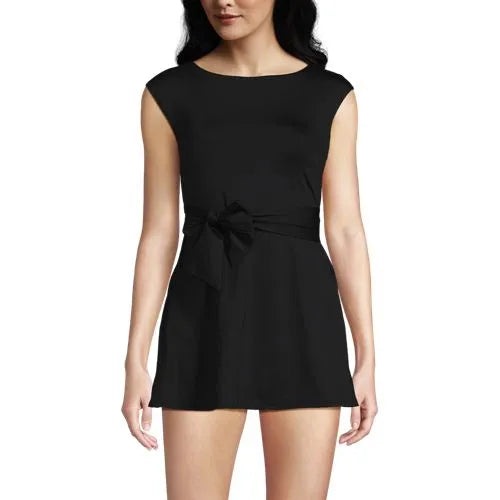 Women's Cap Sleeve Tie Belt Mini Swim Dress
