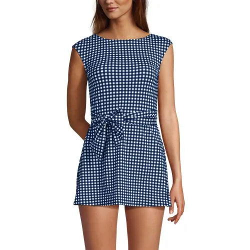 Women's Cap Sleeve Tie Belt Mini Swim Dress