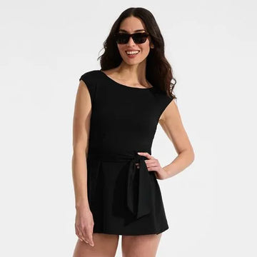 Women's Cap Sleeve Tie Belt Mini Swim Dress