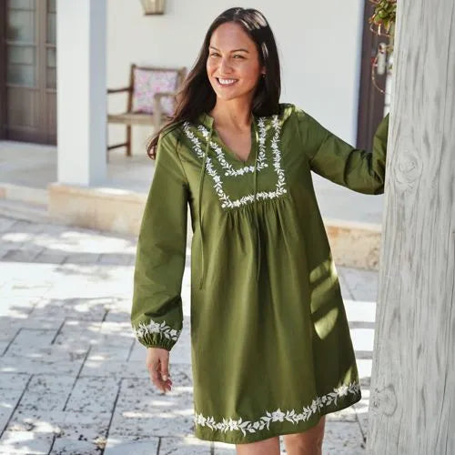 Women's Embroidered Above the Knee Tie Neck Dress