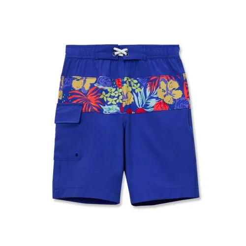 Boys Chlorine Resistant Stretch Print Blocked Hydroliner Board Swim Trunks