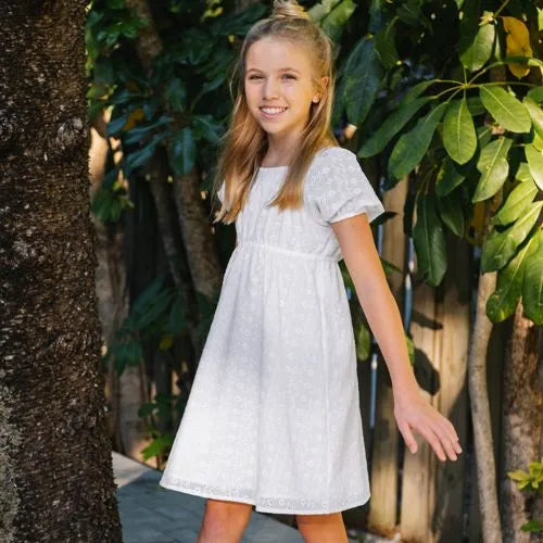 Girls Short Sleeve Eyelet Bow Dress