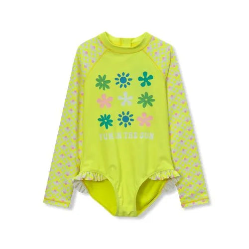 Girls Chlorine Resistant Long Sleeve Ruffle One Piece Swimsuit