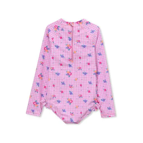 Girls Chlorine Resistant Long Sleeve Ruffle One Piece Swimsuit