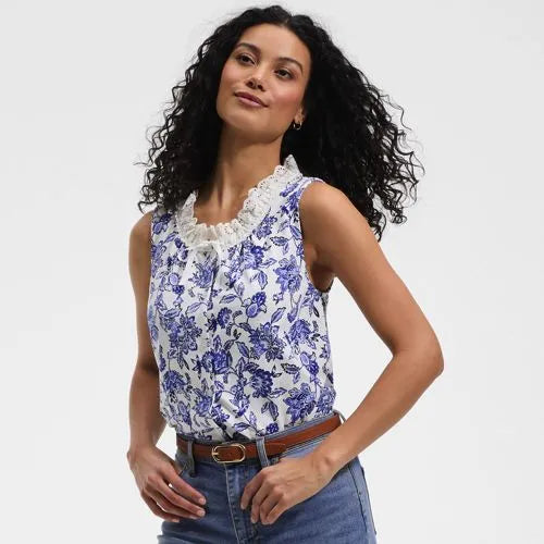 Women's Lightweight Jersey Button Front Lace Trim Tank