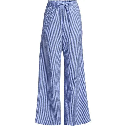 Women's Petite Seersucker High Rise Drawstring Wide Leg Pants