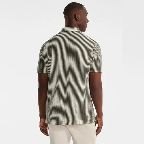 Men's Short Sleeve Cotton Linen Vertical Stripe Button Through Camp Collar Shirt