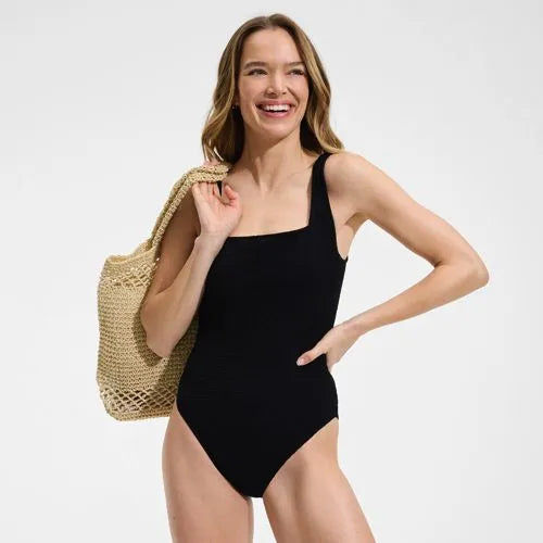 Womens Boucle Square Neck Scoop Back One Piece Swimsuit