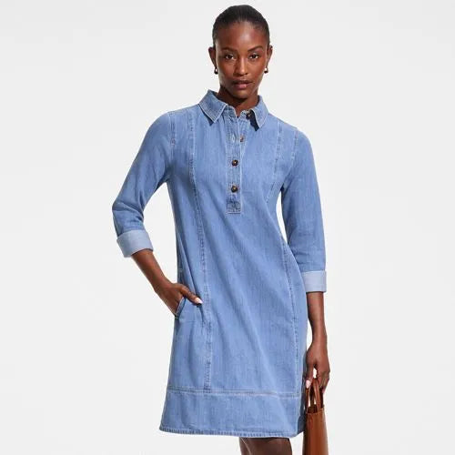 Women's Light Weight Denim Popover At the Knee Dress