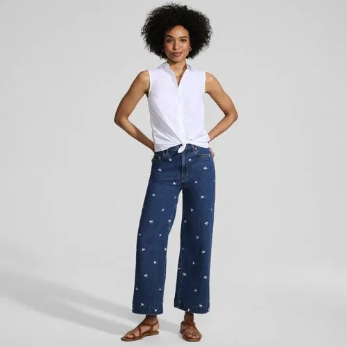Women's Soft Denim High Rise Embroidered Wide Leg Crop Jeans