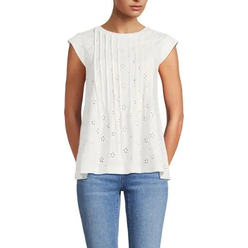 Women's Cap Sleeve Eyelet Pintuck Swing Top