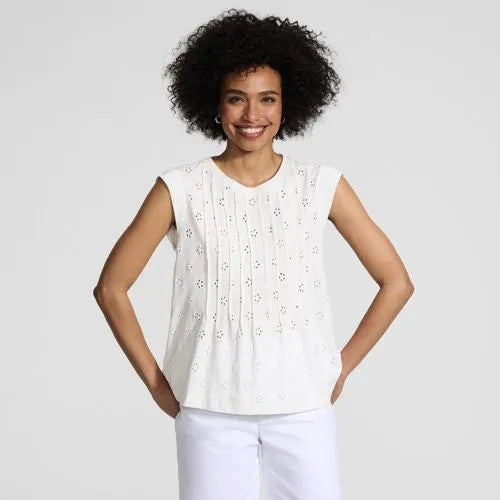 Women's Cap Sleeve Eyelet Pintuck Swing Top