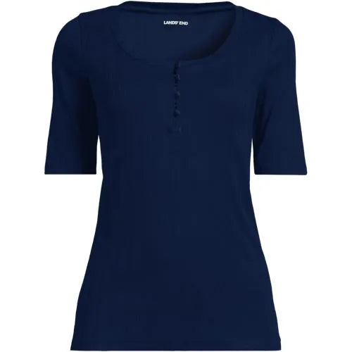 Women's Elbow Sleeve Variegated Micro Rib Scoop Neck Henley