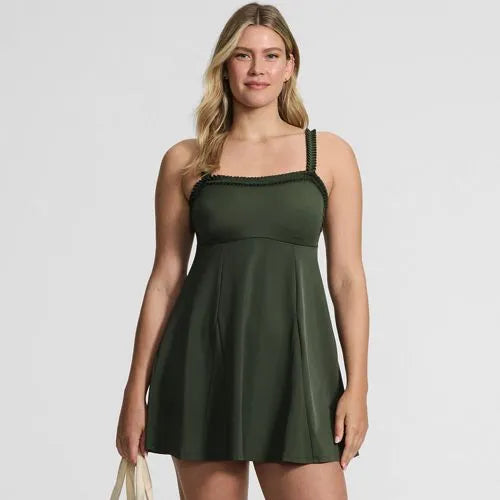Women's Tugless Pleated Ruffle Swim Dress
