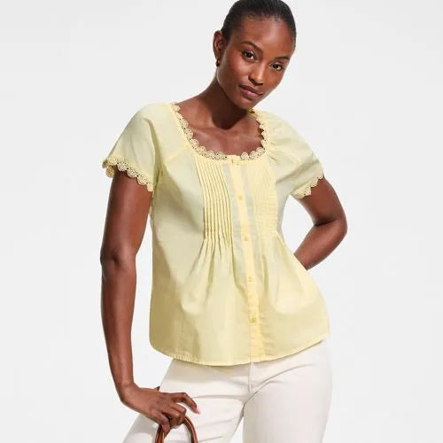 Women's Poplin Short Sleeve Pintuck Blouse