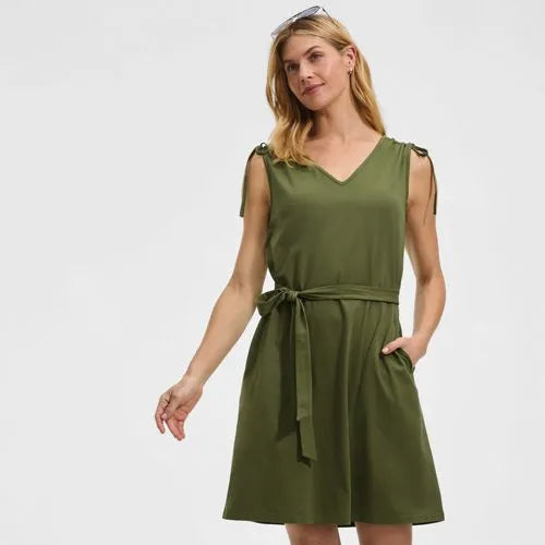 Women's Cotton Jersey Shoulder Tie Belted Mini Dress