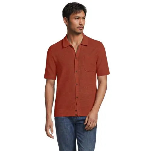 Men's Short Sleeve Texture Stitch Button Through Summer Weight Sweater Polo