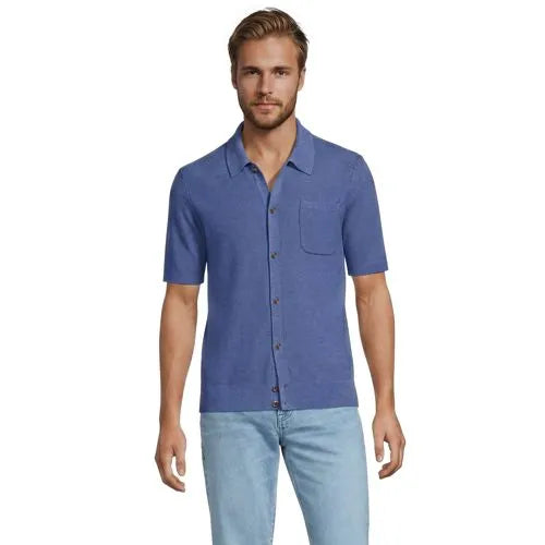 Men's Short Sleeve Texture Stitch Button Through Summer Weight Sweater Polo