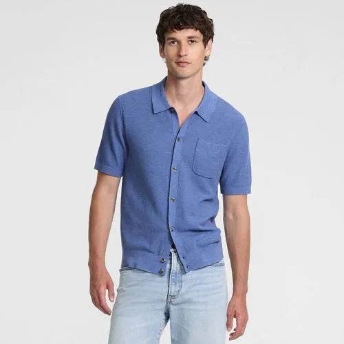 Men's Short Sleeve Texture Stitch Button Through Summer Weight Sweater Polo