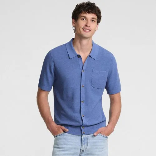 Men's Short Sleeve Texture Stitch Button Through Summer Weight Sweater Polo