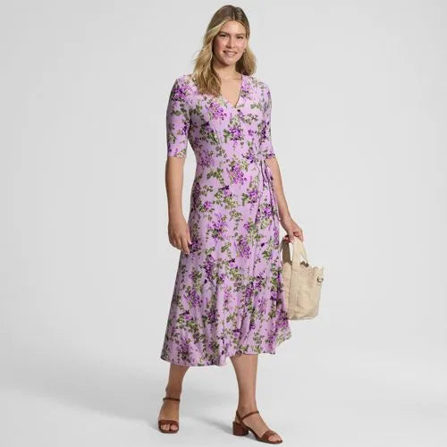 Women's Silky Knit Elbow Sleeve Wrap Midi Dress