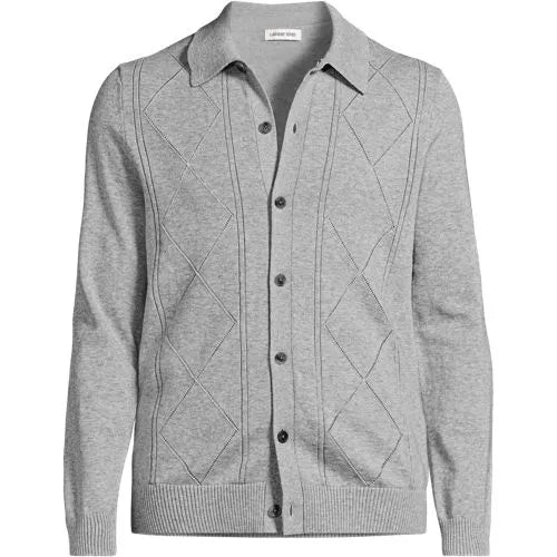 Men's Long Sleeve Fine Gauge Cotton Pointelle Argyle Cardigan