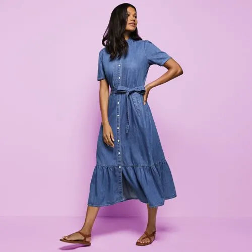 Women's Light Weight Denim Tiered Midi Dress
