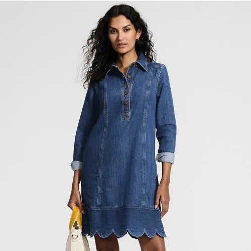 Women's Soft Denim Eyelet Popover At The Knee Dress