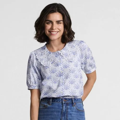 Women's Poplin Puff Sleeve Ruffle Collar Shirt